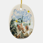 Vrolijk Kerstblauw Typografie Gearcheerde Foto Keramisch Ornament (Voorkant)