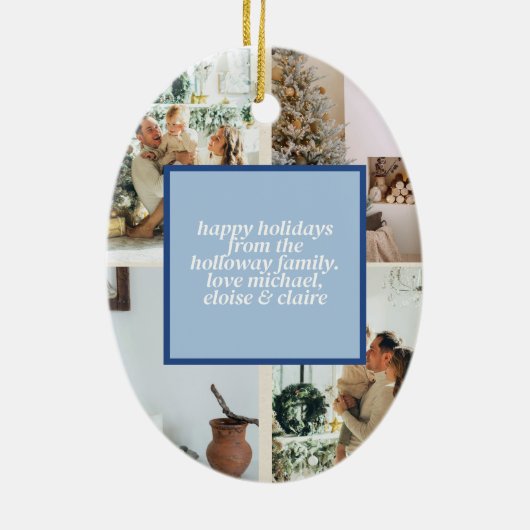 Vrolijk Kerstblauw Typografie Gearcheerde Foto Keramisch Ornament (Achterkant)