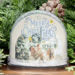 Vrolijk Kerstblauw Typografie Gearcheerde Foto Sneeuwbol