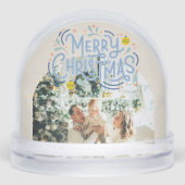 Vrolijk Kerstblauw Typografie Gearcheerde Foto Sneeuwbol (Voorkant)