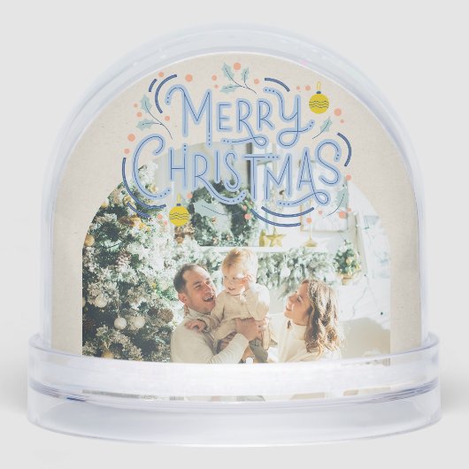 Vrolijk Kerstblauw Typografie Gearcheerde Foto Sneeuwbol (Voorkant)