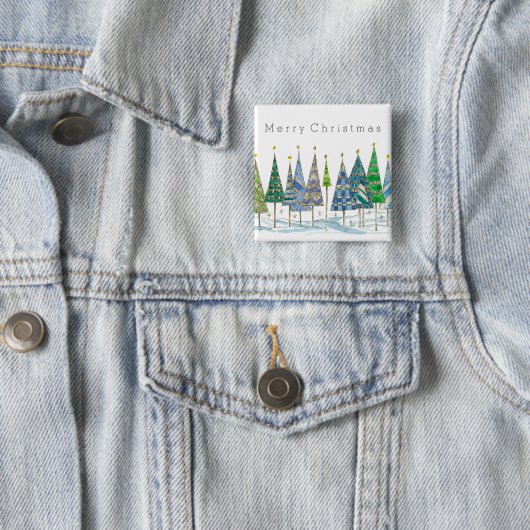 Vrolijk Kerstblauw Vakantiebomen Kunst Vierkante Button 5,1 Cm (In situ)