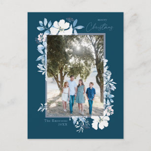 Vrolijk kerstblauw Waterverf Bloem Lijst donker Briefkaart