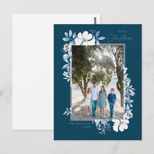 Vrolijk kerstblauw Waterverf Bloem Lijst donker Briefkaart (Voorkant / Achterkant)