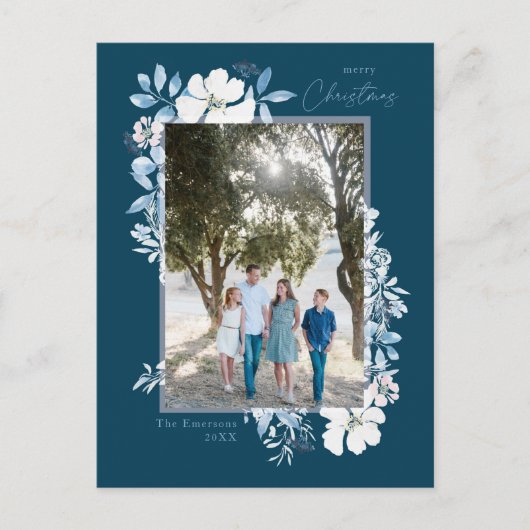 Vrolijk kerstblauw Waterverf Bloem Lijst donker Briefkaart (Voorkant)