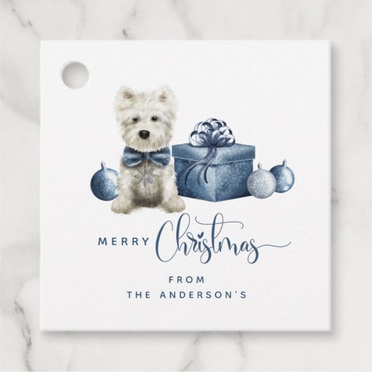 Vrolijk kerstblauw, wit, zilveren feestelijke pupp bedankjes labels (Voorkant)