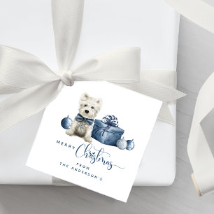Vrolijk kerstblauw, wit, zilveren feestelijke pupp bedankjes labels
