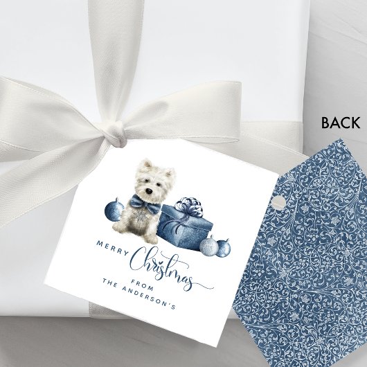 Vrolijk kerstblauw, wit, zilveren feestelijke pupp bedankjes labels