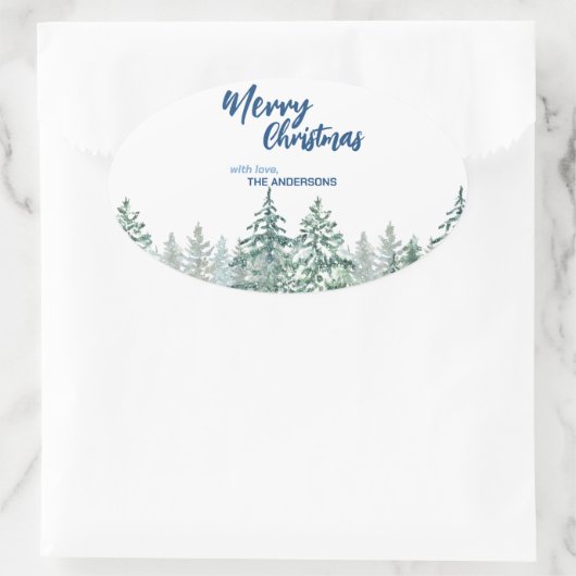 Vrolijk kerstbomen bos Waterverf script Ovale Sticker (Tas)