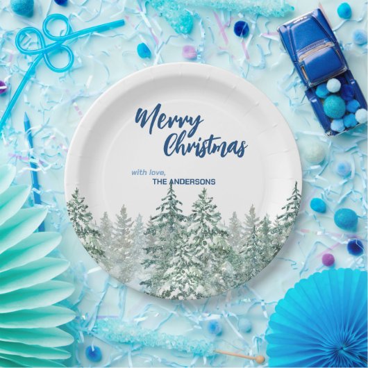 Vrolijk kerstbomen bos Waterverf script Papieren Bordje (Feest)