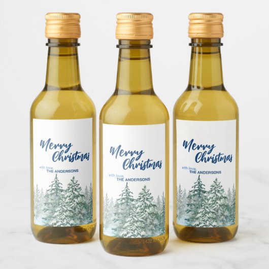 Vrolijk kerstbomen bos Waterverf script Wijn Etiket (Flessen)