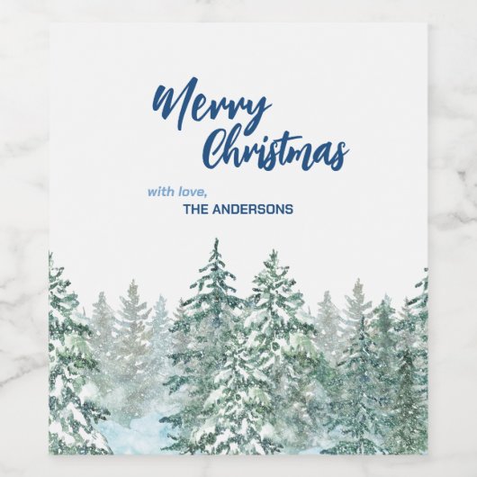Vrolijk kerstbomen bos Waterverf script Wijn Etiket (Enkel label)