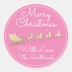 Vrolijk kerstbomen met de naam Santa Sleigh Deer R Ronde Sticker