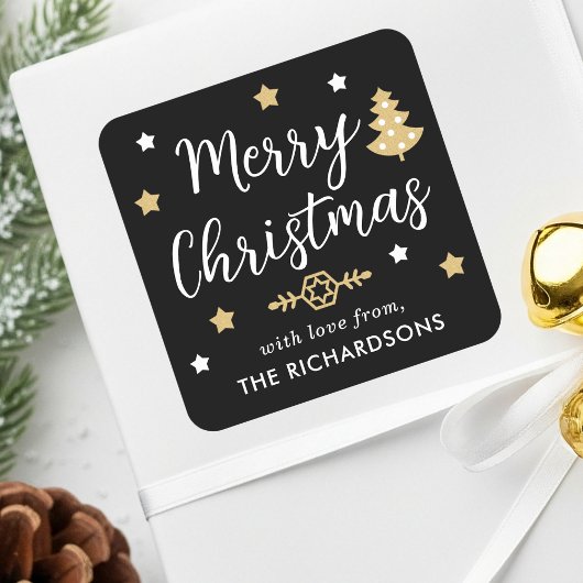 Vrolijk kerstboom aangepaste familienaam zwart gou vierkante sticker