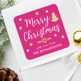 Vrolijk Kerstboom Custom Family Name Pink Vierkante Sticker