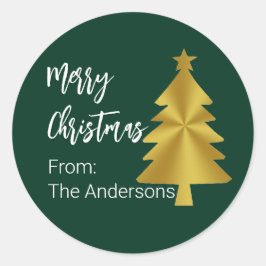 Vrolijk Kerstboom Donkergroen Goud Naam Gift Label