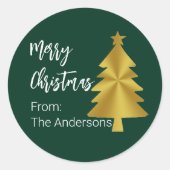 Vrolijk Kerstboom Donkergroen Goud Naam Gift Label (Voorkant)