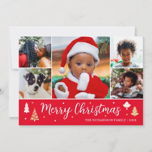 Vrolijk Kerstboom Fotocollage Rood Flat Feestdagenkaart (Voorkant)