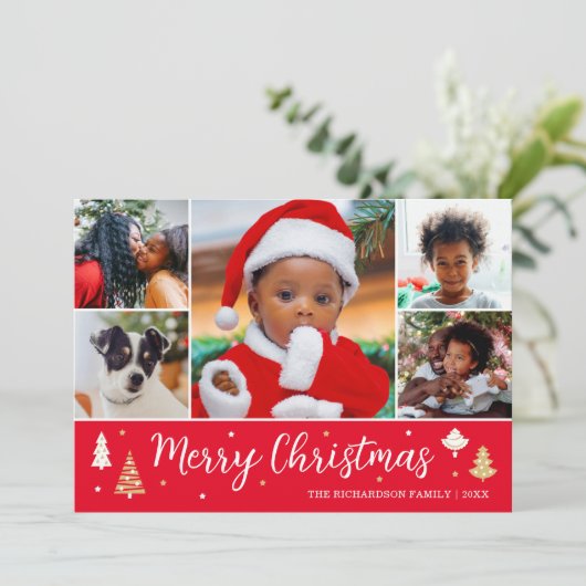 Vrolijk Kerstboom Fotocollage Rood Flat Feestdagenkaart (Staand voorkant)