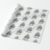 Vrolijk Kerstboom Goud Blauw Kalligrafie Cadeaupapier (Uitgerold)