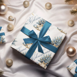 Vrolijk Kerstboom Goud Blauw Kalligrafie Cadeaupapier