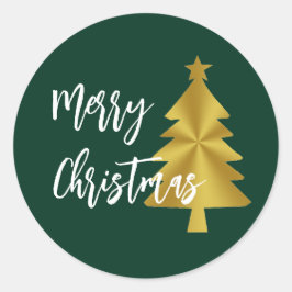Vrolijk Kerstboom Groen Goud en Wit Script Ronde Sticker