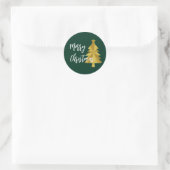 Vrolijk Kerstboom Groen Goud en Wit Script Ronde Sticker (Tas)