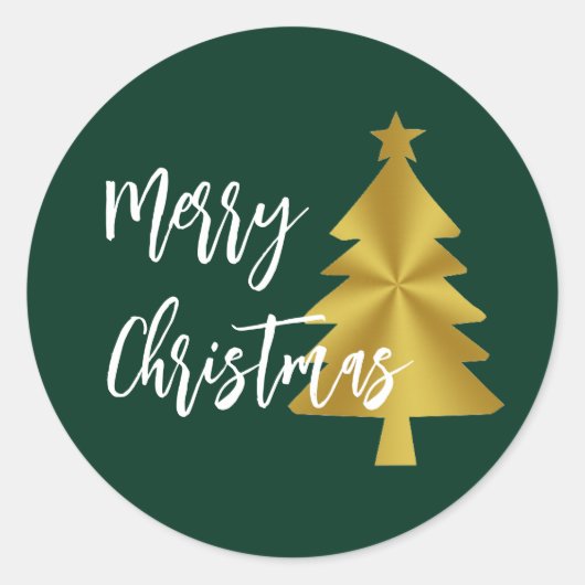 Vrolijk Kerstboom Groen Goud en Wit Script Ronde Sticker (Voorkant)