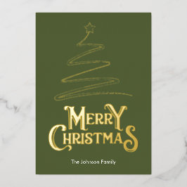 Vrolijk kerstboom olijfgroene achtergrond goud folie feestdagenkaart