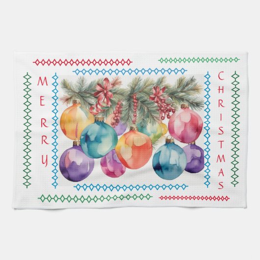 Vrolijk kerstboom Ornamenten keukenhanddoek (Horizontaal)