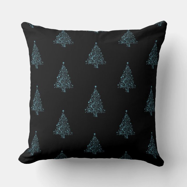 Vrolijk kerstboom patroon zwart metallic blauw kussen (Voorkant)