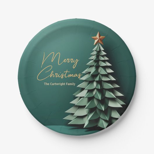 Vrolijk Kerstboom Prachtige Groen Goud Partij Papieren Bordje (Voorkant)