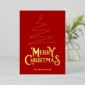 Vrolijk kerstboom rode achtergrond goud folie feestdagenkaart (Staand Voorkant)