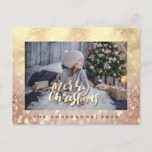 Vrolijk kerstboom Roos gouden vonk foto glitter Briefkaart (Voorkant)