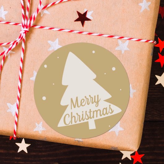 Vrolijk kerstboom silhouet wit & goud ronde sticker