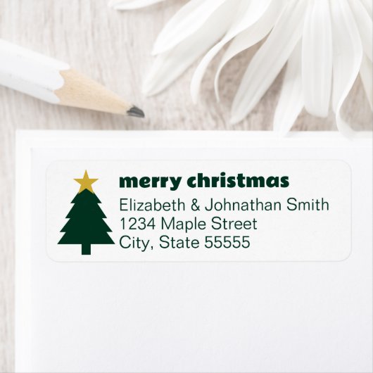 Vrolijk Kerstboom & Ster Donker Groen Wit Etiket (Insitu)