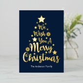 Vrolijk kerstboom vorm blauw folie feestdagenkaart (Staand Voorkant)