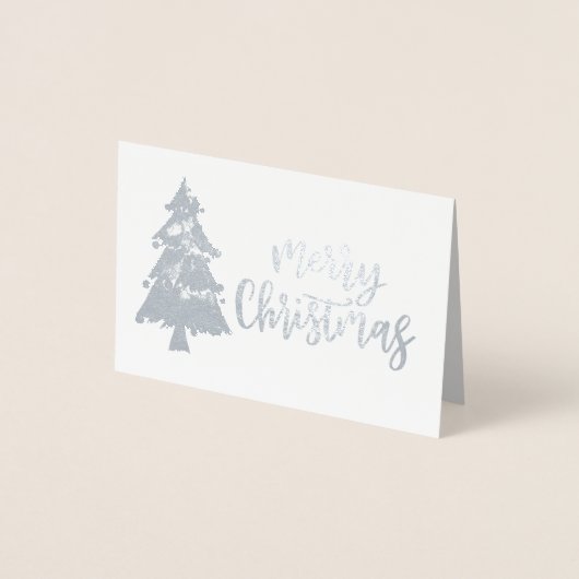 Vrolijk kerstboom zilveren kalligrafie script folie kaarten (Voorkant)