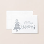 Vrolijk kerstboom zilveren kalligrafie script folie kaarten (Voorkant met envelop)
