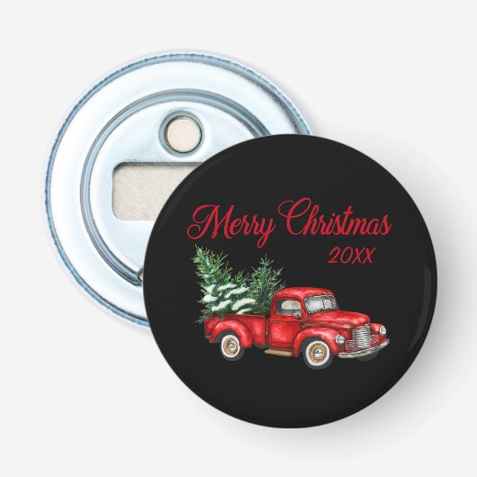 Vrolijk kerstboomjaar  Red Truck Black Button Flesopener (Voorkant)