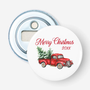 Vrolijk kerstboomjaar  Rode vrachtwagen Button Flesopener