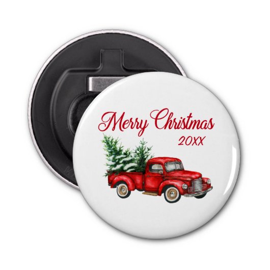 Vrolijk kerstboomjaar  Rode vrachtwagen Button Flesopener (Voorkant)