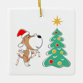 Vrolijk kerstboomkoorts Puppy Dog Santa Hat Cera Keramisch Ornament