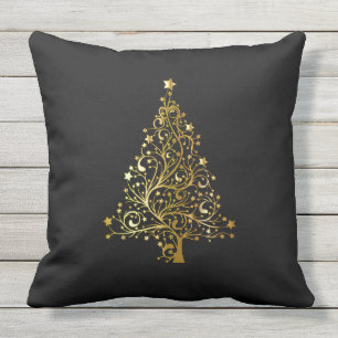 Vrolijk kerstboomsterren zwart Gold Shiny Chic Buitenkussen
