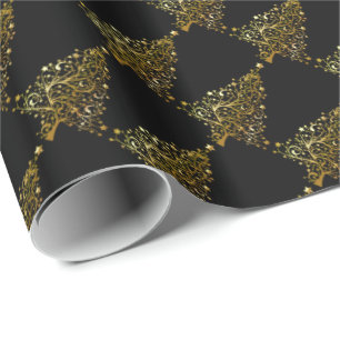 Vrolijk kerstboomsterren zwart Gold Shiny Chic Cadeaupapier