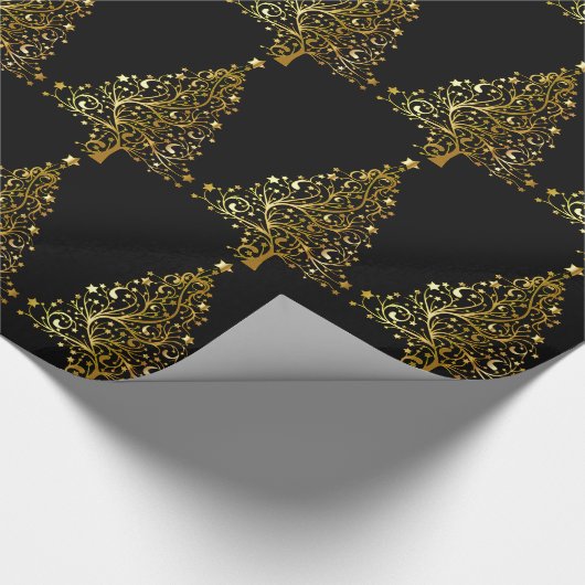 Vrolijk kerstboomsterren zwart Gold Shiny Chic Cadeaupapier (Hoek)