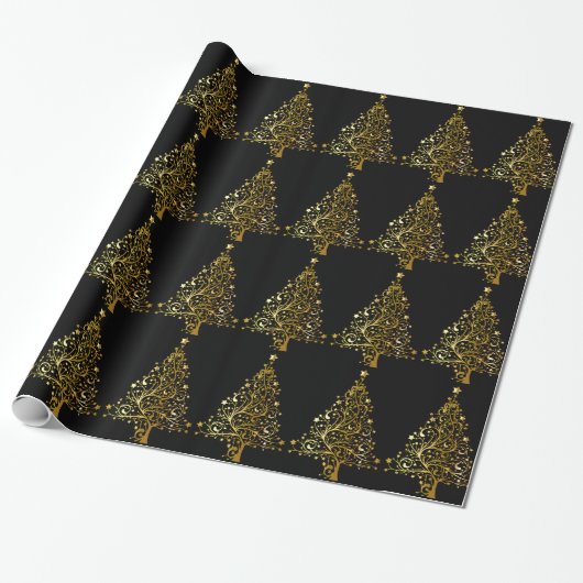 Vrolijk kerstboomsterren zwart Gold Shiny Chic Cadeaupapier (Uitgerold)
