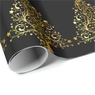 Vrolijk kerstboomsterren zwart Gold Shiny Chic Cadeaupapier