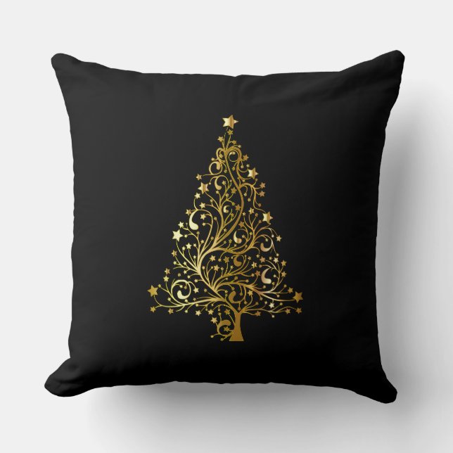 Vrolijk kerstboomsterren zwart Gold Shiny Chic Kussen (Voorkant)