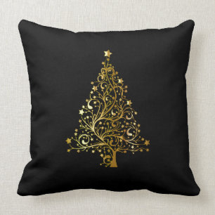 Vrolijk kerstboomsterren zwart Gold Shiny Chic Kussen